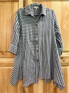 Steven Edwards Size L Gray Striped Lagenlook Asymmetric Button-Up Tunic Shirt